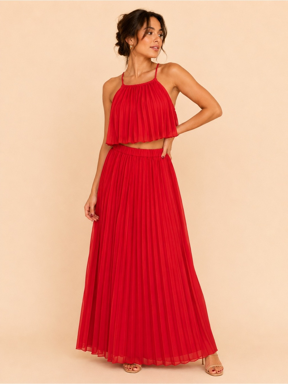 SHEIN Red Pleated Maxi Two-Piece Dress